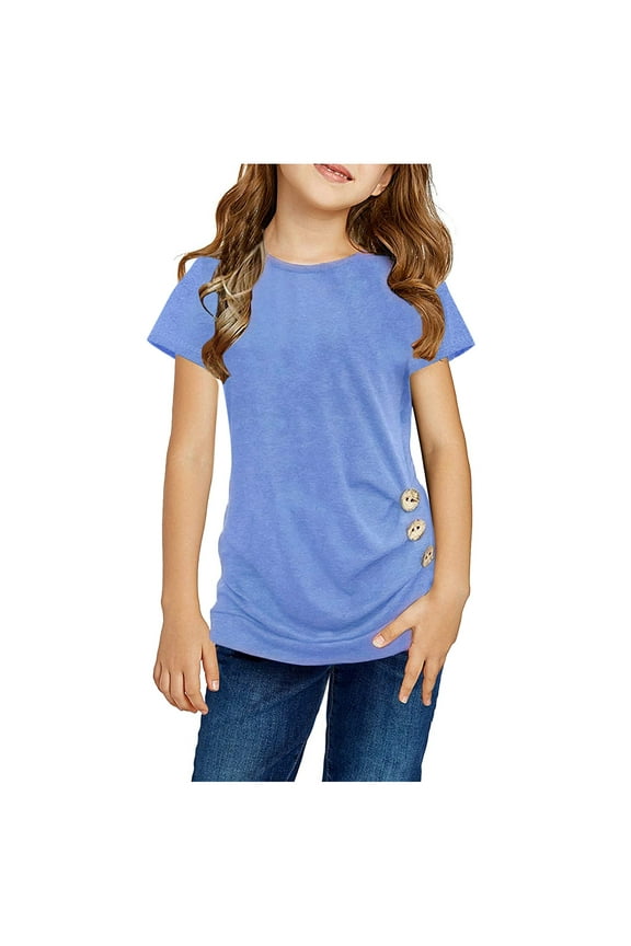 Girl Tops Girls Tunic Button Short Sleeve TShirt Casual Tops Front Blouse Tee Kids Girls Tops Blue,4-5 Years