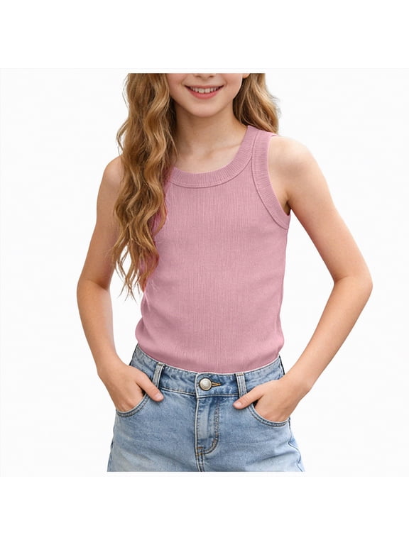Girls Athletic Tank Tops Girls Tank Tops Slim Fit Ribbed Knit Camisole Square Neck Sleeveless Undershirts Summer Basic Tanks 3-4 Years,Pink