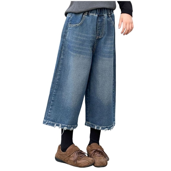 Zanarzt Girls Baggy Jeans Jeans Retro Tassel Cropped Trousers for Kids Wide Leg Pants Loose Fit Pants Blue,7-8 Years