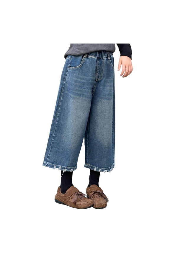 Girls Baggy Jeans Jeans Retro Tassel Cropped Trousers for Kids Wide Leg Pants Loose Fit Pants Blue,7-8 Years