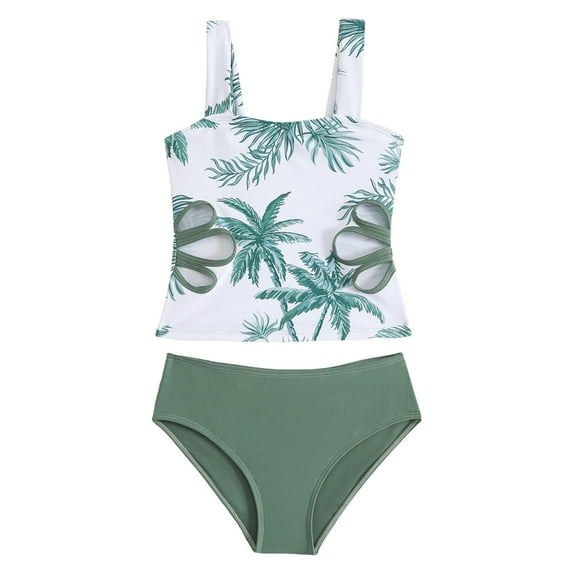 Zanarzt Girls Bathing Suits Girl's 2 Piece Swimsuit Solid Spaghetti Strap Bikini Sets Beach Bathing Suit Swimwear for Teen Kids Green,11-12 Years