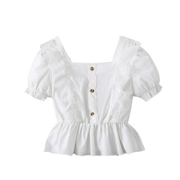 Zanarzt Girls Casual Summer Shirts Short Sleeve Kids Solid Color Tshirts Girls Ruffle Sleeve Shirts Summer Crewneck Tee Tops Casual Cute Blouse White,9-10 Years