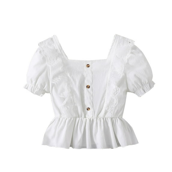 Zanarzt Girls Casual Summer Shirts Short Sleeve Kids Solid Color Tshirts Girls Ruffle Sleeve Shirts Summer Crewneck Tee Tops Casual Cute Blouse White,9-10 Years