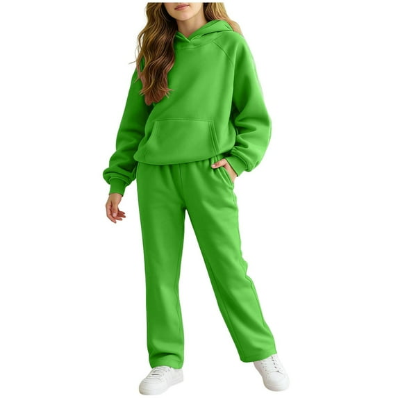 Zanarzt Girls' Clothing Set Kids Sweatsuit 2 Piece Outfits for Girls Athletic Sweatshirt Sweatpants Cozy Fleece Jogger Set Green,13-14 Years