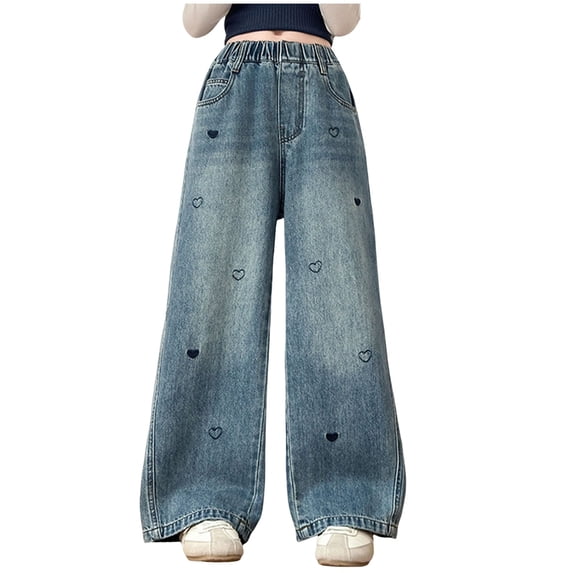 Zanarzt Girls High Wasited Jeans Girls Jeans for Kids Heart Embroidered Wide Leg Pants Straight Leg Pants Blue,15-16 Years