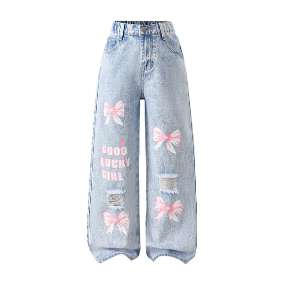 Zanarzt Girls' Jeans Baggy Jeans for Girls Wide Leg Jeans Casual High Waist Cute Denim Pants Streetwear Back To School Clothes Light Blue,8-9 Years