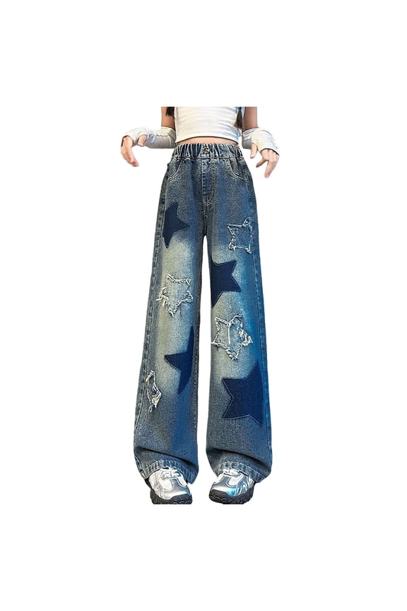 Girls Jeans Girl's Heart Print Washed Jean Denim Pants Straight Leg Trousers with Pockets 5-6 Years,Blue
