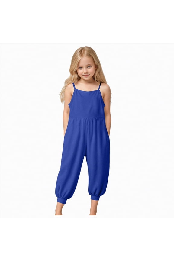 Girls Jumpers Toddler Girls Sleeveless Jumpsuits Spaghetti Strap Romper Clothes Long Pants with Pockets 9-10 Years,Blue
