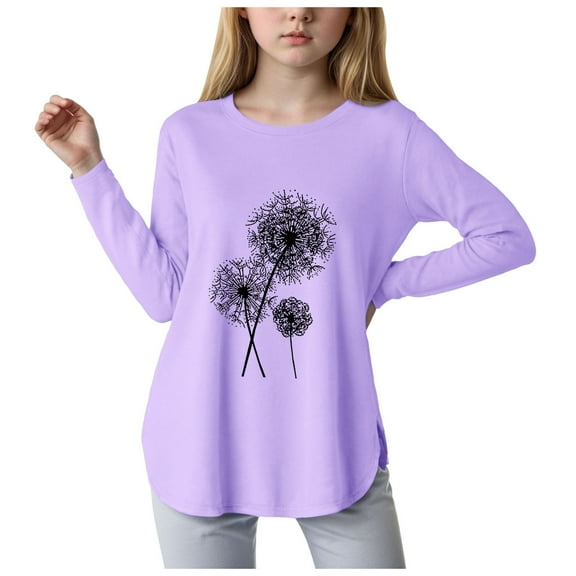 Zanarzt Girls Long Sleeve Shirts Crewneck Long Sleeve Shirts Kids Curve Hem Side Slit Soft Tunic Tops Girls Fashion T Shirts Purple,9-10 Years