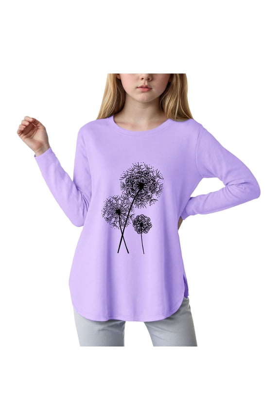 Girls Long Sleeve Shirts Crewneck Long Sleeve Shirts Kids Curve Hem Side Slit Soft Tunic Tops Girls Fashion T Shirts Purple,9-10 Years