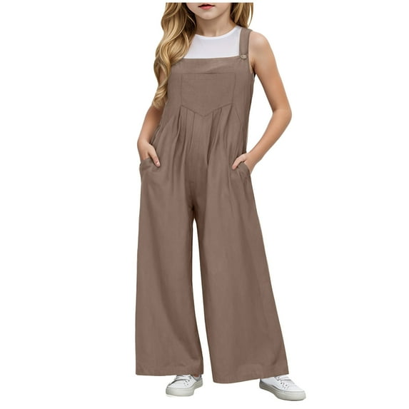 Zanarzt Girls One Piece Jumpsuit Girls Jumpsuit Kids Fashion Sleeveless Wide Leg Romper One Piece Summer Outfits Khaki,5-6 Years