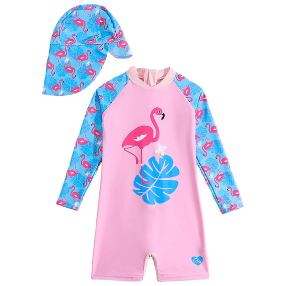 Zanarzt Girls One Piece Swimsuits Girls Comfortable Breathable Stylish Swimsuit Set with Cartoon Print Long Sleeve and Hat Pink,18-24 Months