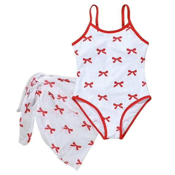 Zanarzt Girls One Piece Swimsuits Summer Girls Swimsuit Fashion Soft Breathable Stylish Bow Print with Cover Up Skirt Red,10-11 Years