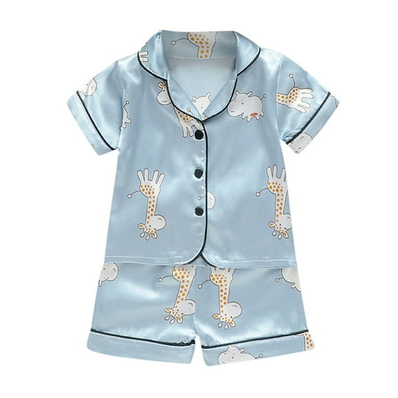 Zanarzt Girls Pajama Set Toddler Girl Satin Pajamas Set Summer Short Sleeve Button Down Shirt Top and Shorts 2pcs Pjs Sets Sleepwear Light blue,18-24 Months