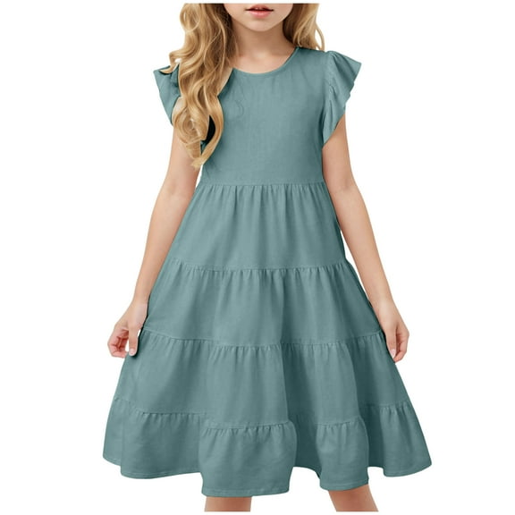 Zanarzt Girls Princess Dress Casual Girl's Dresses Cotton Ruffle Sleeve Tiered Swing A Line Cute Midi Casual Sundress Back to School Clothes Green,8-9 Years