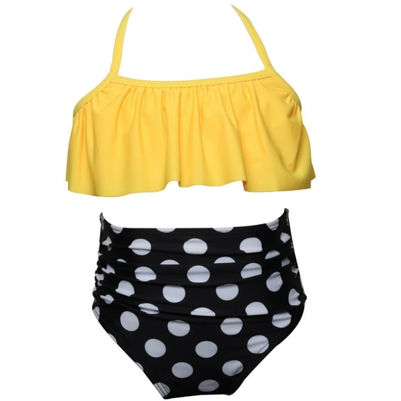 Splozh Girls Princess Two Piece Swimsuit Kids Little Girls Ruffles Floral Print Two Pieces Swimsuit Bathing Suit Beach Wear Swimwear Bikini Set Yellow,8-10 Years