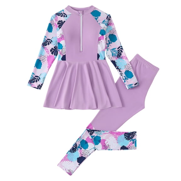 Zanarzt Girls Rash Guard Two Pieces 2Pcs Zipper Long Sleeve Top Long Pants Swimsuit for Girls Full Body Swimwear Rash Guard Teens Bathing Suit Purple,8-9 Years