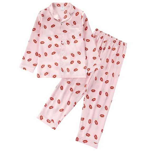 Zanarzt Girls Satin Pajamas Girl Pajamas Set Long Sleeve Button Down Sleepwear Nightwear Soft Pjs Sets Watermelon Red,3-4 Years
