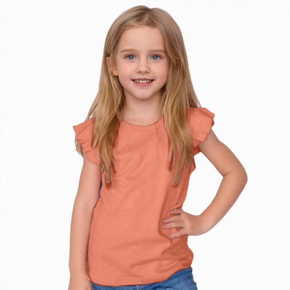 Zanarzt Girls Short Sleeve Girls Cotton Ruffle Sleeve T-Shirts Short Sleeve Tops Crew Neck Casual Summer Tees 7-8 Years,Orange