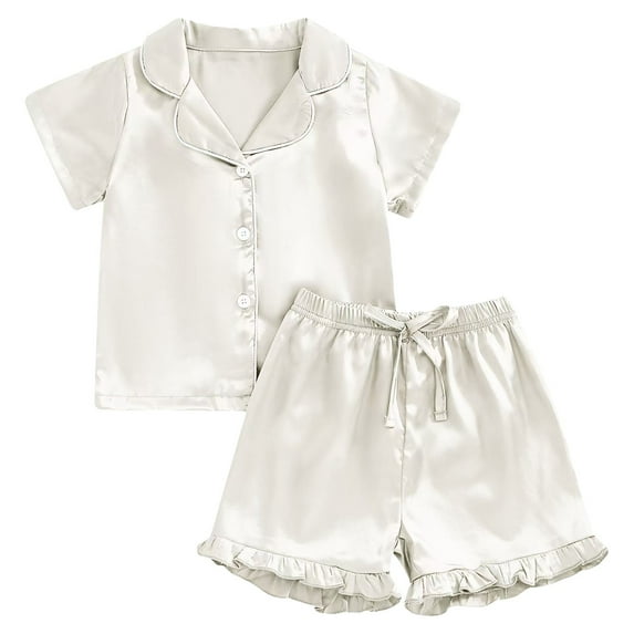 Zanarzt Girls Silk Satin Pajamas Set Toddler Baby Kids Satin Summer Pajamas Set Short Sleeve Button Down Pajamas Top Pants 2Pcs Loungwear Sleepwear Beige,2-3 Years
