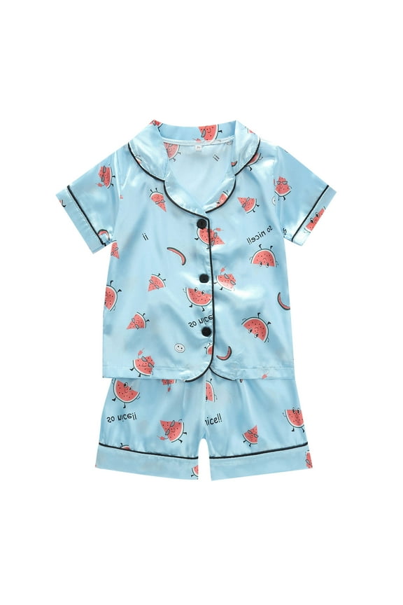 Girls Silk Satin Pjs Toddler Pajamas Baby Girl Boy Summer Print Silk Pjs Sleepwear Nightwear Loungewear Pj Set Light Blue,12-18 Months