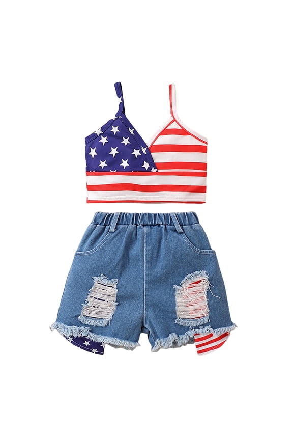Girls Summer Sets 4th of July Flag Tank Top Ripped Denim Shorts Kids Set Summer 4th of July Fashion Girls Outfit Red,4-5 Years