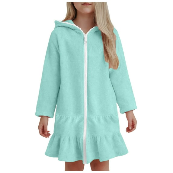 Zanarzt Girls Swim Coverups Girls Comfortable Dress Hooded Long Sleeve Beach Dress Girls Swimsuit Cover Up Light Green,1-2 Years