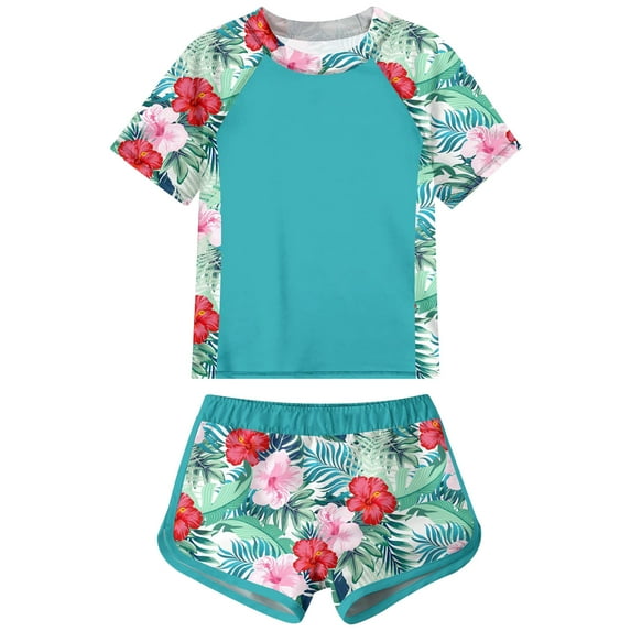 Zanarzt Girls Swimsuit 2 Piece Rash Guard Swimwear Set Childrens Printed Swimsuit Beach Shorts Surfing Short Sleeve Swimsuit for Girls Light Blue,5-6 Years