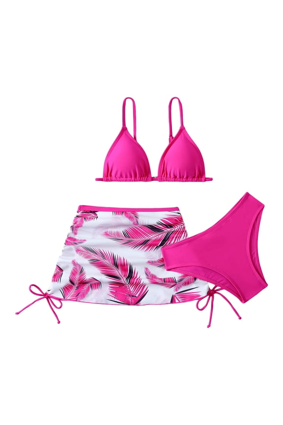 Girls Swimsuit Girls' Swimwear Girl's 3 Piece Swimsuits Floral High Waisted Bikini Bathing Suit with Mesh Coverups Skirt Pink,9-10 Years