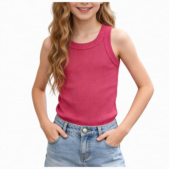 Zanarzt Girls Tank Tops Girls Tank Tops Slim Fit Ribbed Knit Camisole Square Neck Sleeveless Undershirts Summer Basic Tanks 5-6 Years,Hot Pink