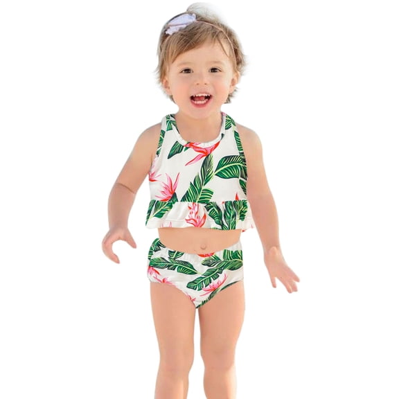 Splozh Girls Tankini Swimsuit Two Piece Summer Baby Girls Ruffles Cartoon Dot Dinosaur Printed Two Piece Swimwear Swimsuit Bikini Green,12-18 Months