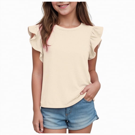 Zanarzt Girls Tshirts Girls T Shirts Ruffle Short Sleeve Tunic Blouse Summer Tee Fashion Tops 6-7 Years,Beige