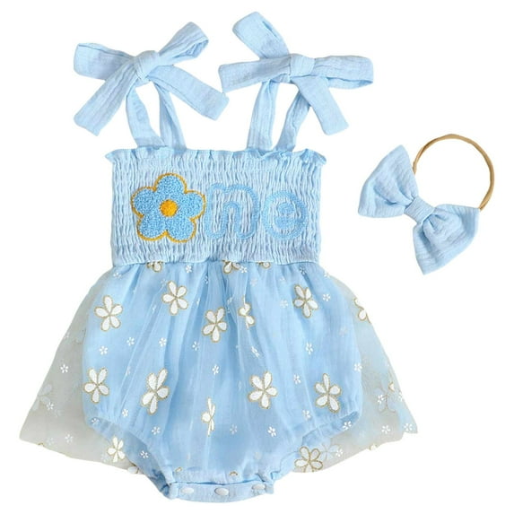 Zanarzt Baby Girl Summer Bodysuit Baby Girl Clothes Romper Dress Ruffle Sleeveless Summer Outfits with Headband Light Blue,3-6 Months