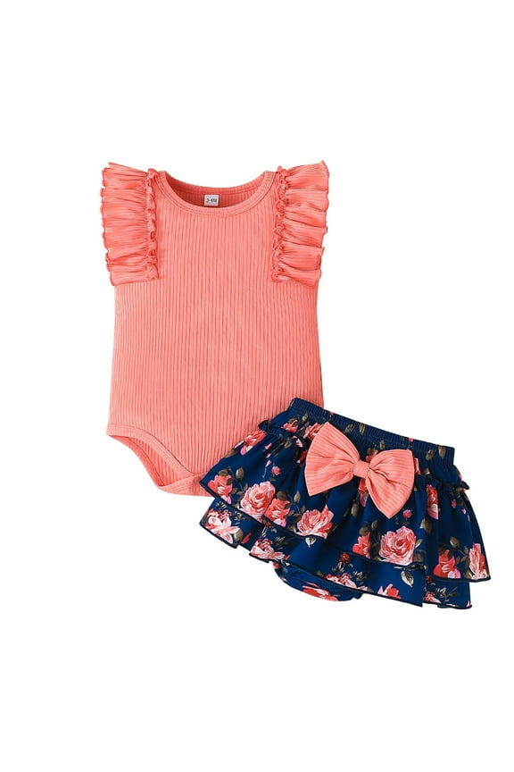 Baby Girl Summer Romper Set Baby Girl Clothes Ruffles Romper Shorts Set Floral Summer Outfits Cute Baby Clothes Girl Pink,9-12 Months