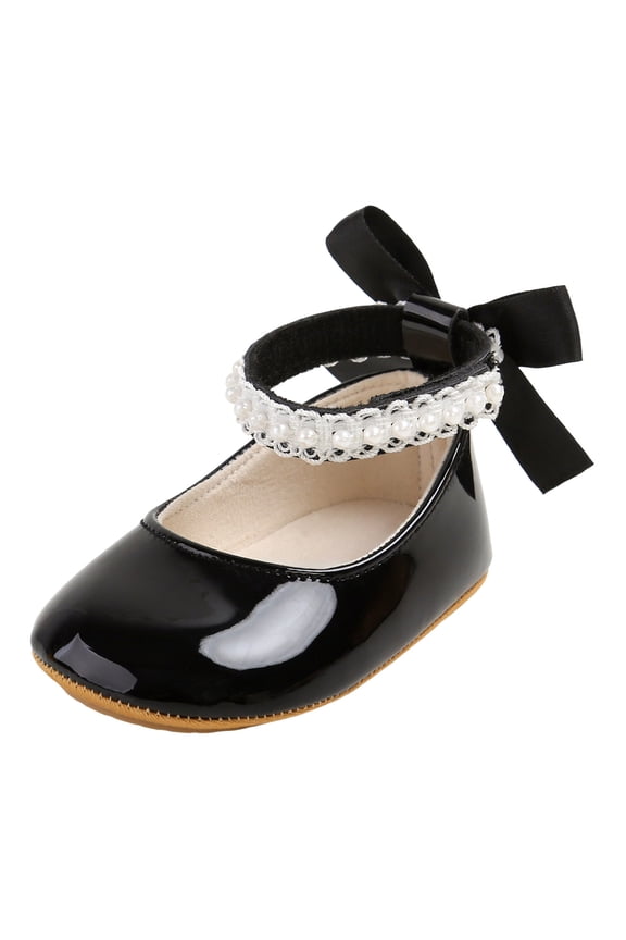 Infant Baby Girls Mary Jane Flats Bow Non-Slip Soft Sole Toddler Sneakers First Walkers Princess Dress Shoes Newborn Girl Shoes Black,US 4.5