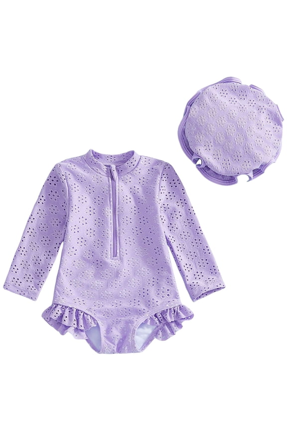 Infant Baby Girls Swimsuit Toddler Girl Solid Swimsuit Baby Long Sleeve Rash Guard Bathing Suit Girl Hollow Out Swimwear with Sun Hat Purple,12-18 Months