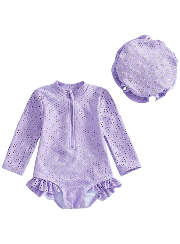 Infant Baby Girls Swimsuit Toddler Girl Solid Swimsuit Baby Long Sleeve Rash Guard Bathing Suit Girl Hollow Out Swimwear with Sun Hat Purple,12-18 Months