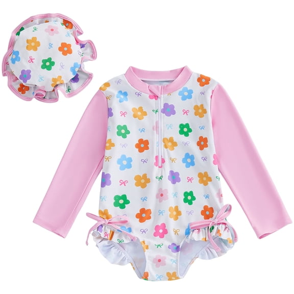 Zanarzt Infant Baby Swimsuit Girl Toddler Baby Girl Swimsuit Long Sleeve Rash Guard Ruffle Zipper Swimwear with Hat Pink,6-12 Months