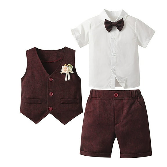 Zanarzt Boys Summer Outfit Sets Boys Formal Set Little Boys Gentleman Suit Vest Short Set Bow Tie 4pcs Boys Short Sleeve Wedding Clothes ,1-2 Years