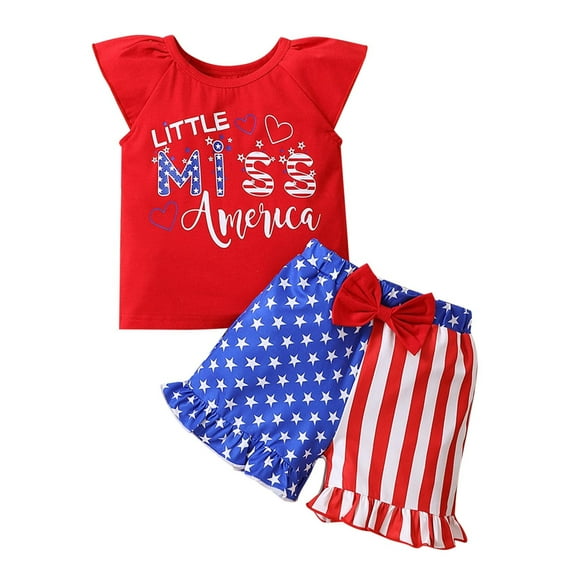 Zanarzt Infant Girl Independence Day Outfit 4th Of July Toddler Girl Outfit American Flag Shirt And Shorts Baby Girl Patriotic Summer Clothes Red,18-24 Months