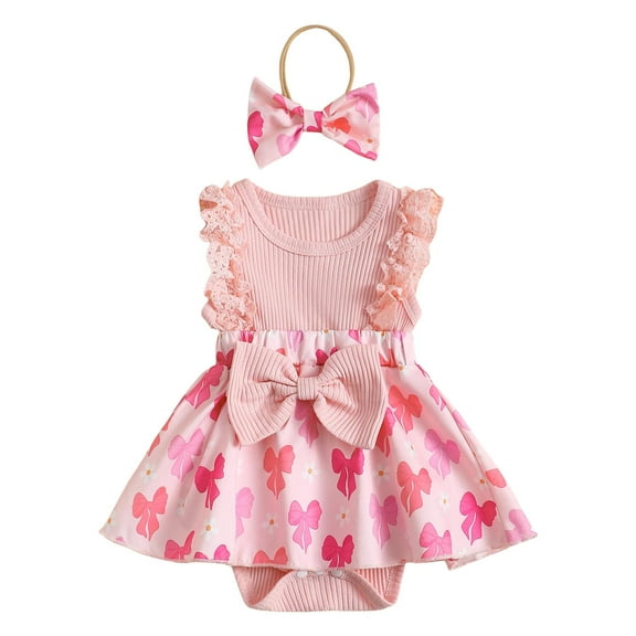 Zanarzt Infant Girl Summer Jumpsuit Girl Clothes Newborn Romper Dress Infant Ruffle Sleeveless Summer Outfits with Headband Pink,0-3 Months