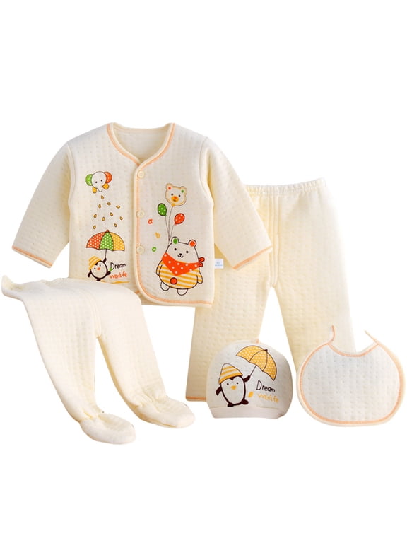 Preemie Clothes Boys 5PCS Baby Boy Girl Cartoon Tops+Hat+Pants+Bib Outfits Set Layette Set Yellow,0-3 Months