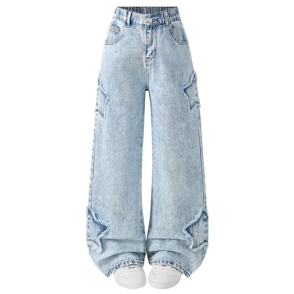 Zanarzt Jeans for Girls Kids Girls Jeans Distressed High Waist Baggy Denim Wide Leg Pants Trousers Light Blue,11-12 Years
