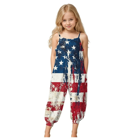 Zanarzt Kids 4th Of July Romper Toddler Girl 4th of July Outfit Spaghetti Straps Stars Romper Summer Clothes Sleeveless Jumpsuit Dark Blue,1-2 Years
