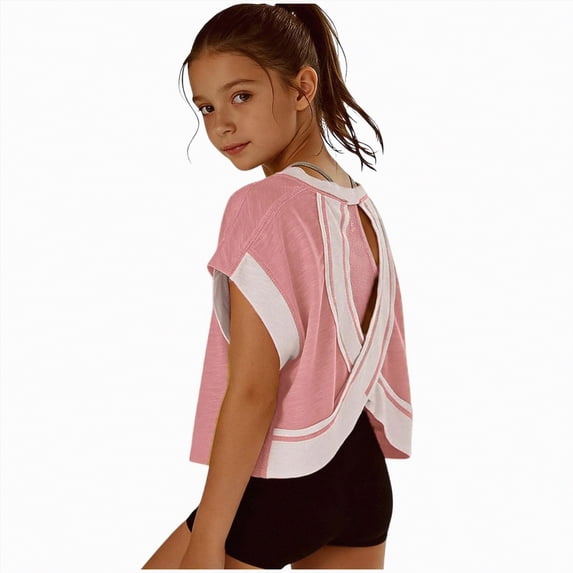 Zanarzt Kids Clothes Girls Athletic Oversized Crop Tops Kids Drop Shoulder Short Sleeve T Shirts Workout Tees 4-5 Years,Pink