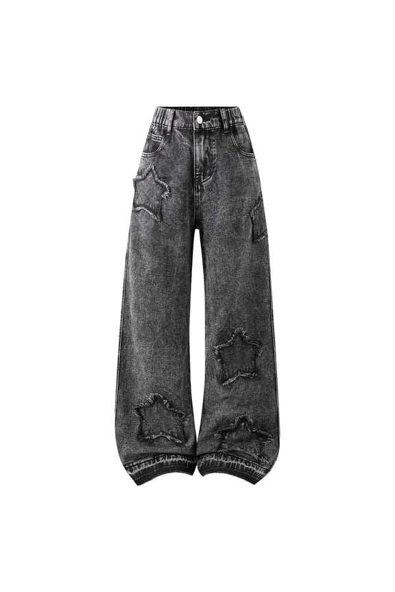 Kids Girls Baggy Jeans Girl's Star Patched Baggy Jeans Straight Leg Denim Pants Streetwear Black,9-10 Years