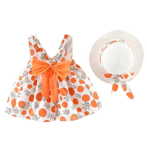 Zanarzt Kids Girls Birthday Princess Dress Summer Dress Toddler Baby Dot Print Hat Princess Kids Girl Dresses Bow Sleeveless Girls Dress Orange,2-3 Years
