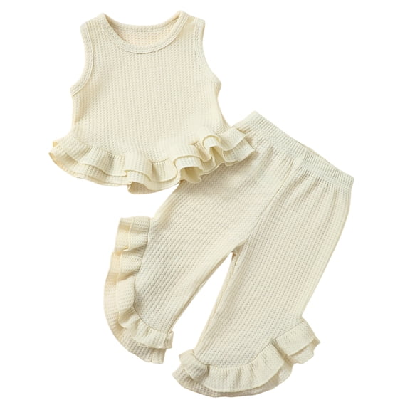 Zanarzt Kids Girls Summer Clothes Girl Clothes Toddler Girl Summer Outfits Cami Ruffle Tops Wide Leg Pants Kids Clothing Set Back to School Clothes Beige,2-3 Years
