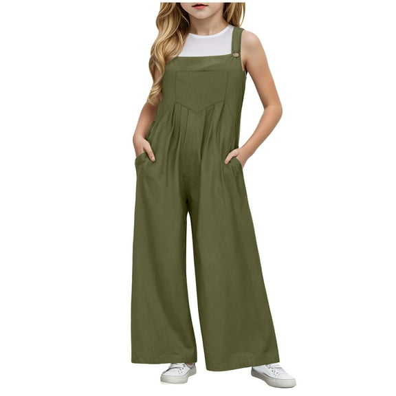Zanarzt Kids Jumpsuit Girls Jumpsuit Kids Fashion Sleeveless Wide Leg Romper One Piece Summer Outfits Green,7-8 Years