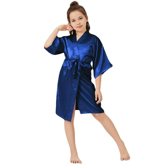 Zanarzt Kids Satin Spa Robes Kids Girl's Silky Satin Kimono Robe for Spa Wedding Birthday Party Child Children's Gifts Blue,C
